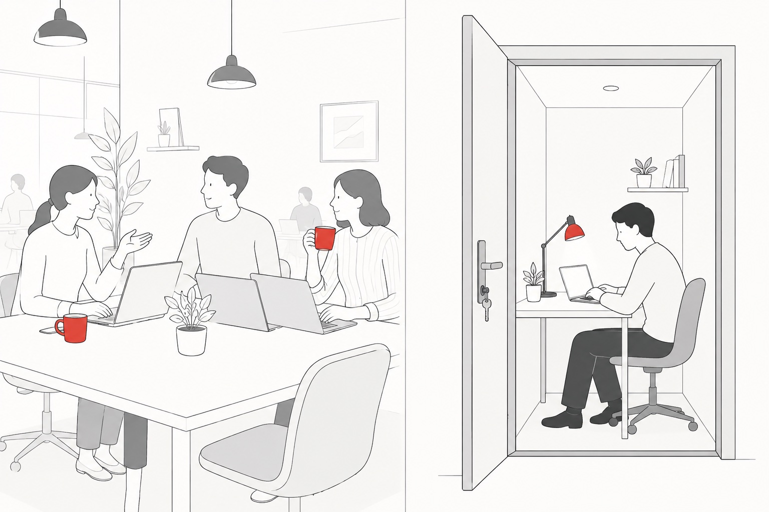 オープン席と個室(集中と交流)の違いを示すイラスト
